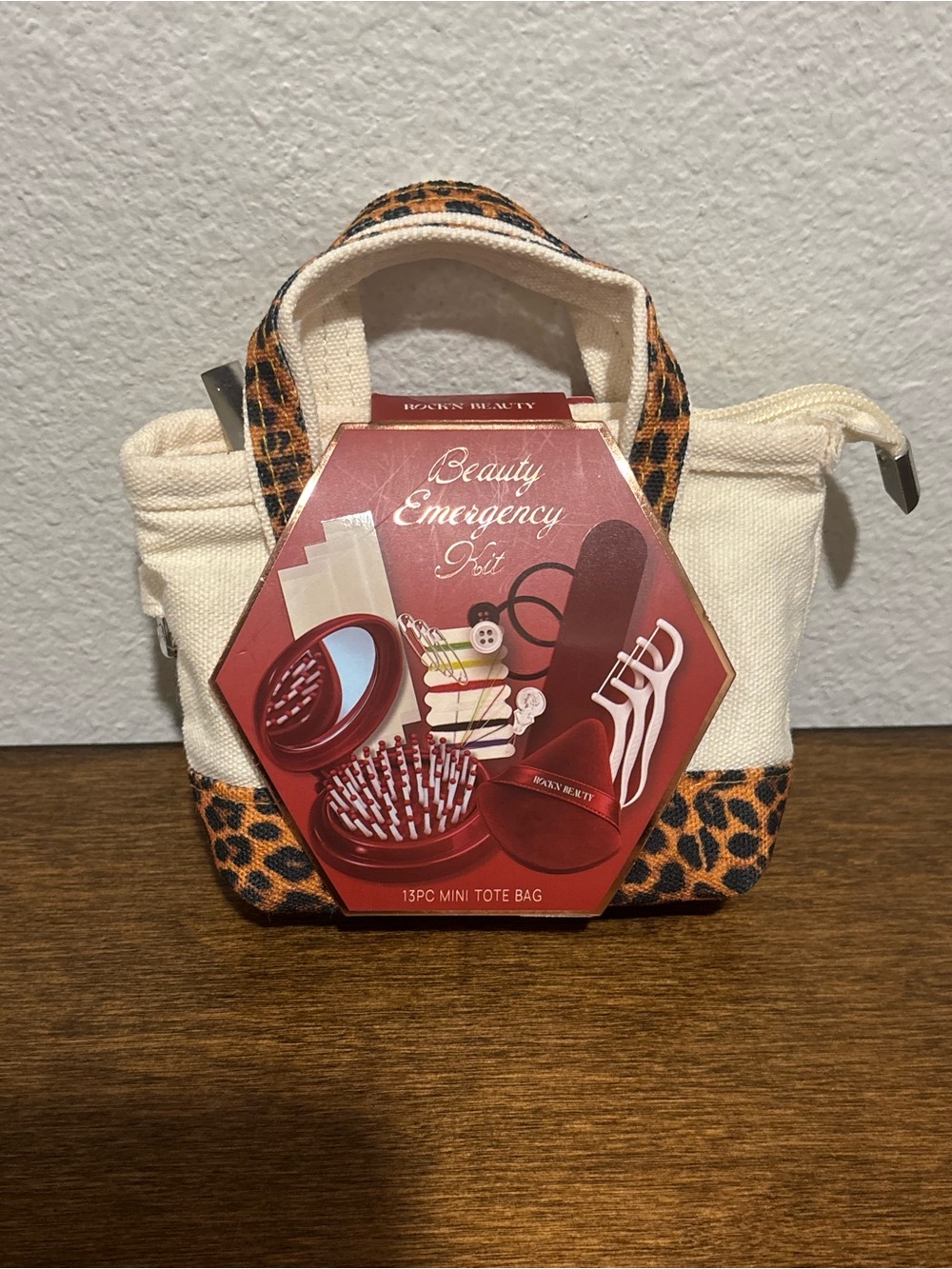 Canvas Mini Tote Beauty Emergency Kit - Leopard Trim, 13 pc mini tote bag
